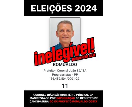 Coronel João Sá: MP Eleitoral da Bahia impugna candidatura do ex-prefeito Romualdo Costa por improbidade administrativa