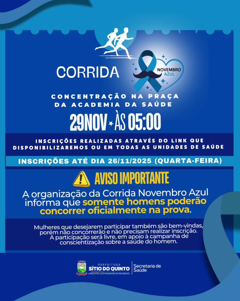 Sítio do Quinto promove Corrida Novembro Azul no dia 29 de novembro incrições até o dia 26 de novembro Sítio do Quinto promove Corrida Novembro Azul no dia 29 de novembro incrições até o dia 26 de novembro