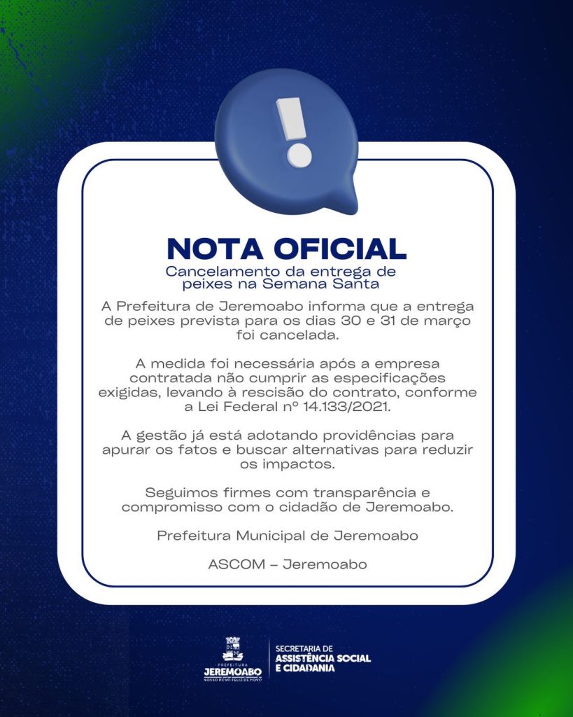 Prefeitura de Jeremoabo rescinde contrato e suspende distribuição de peixes na Semana Santa após falha de empresa contratada