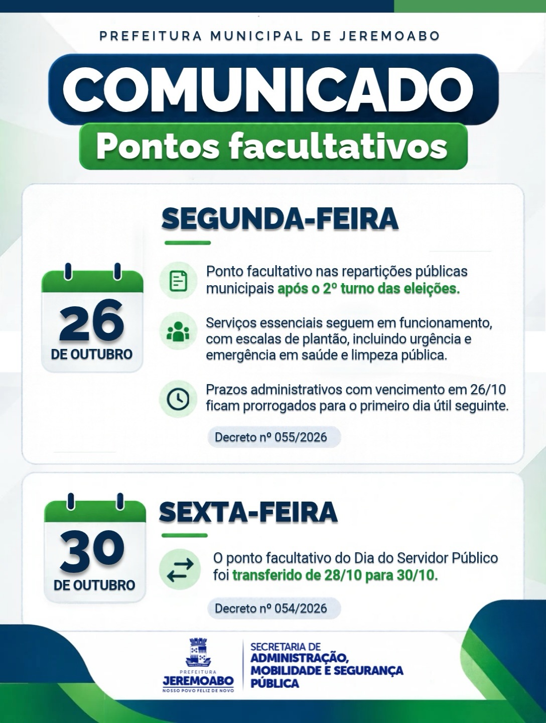 Prefeitura de Jeremoabo estabelece pontos facultativos nos dias 26 e 30 de outubro