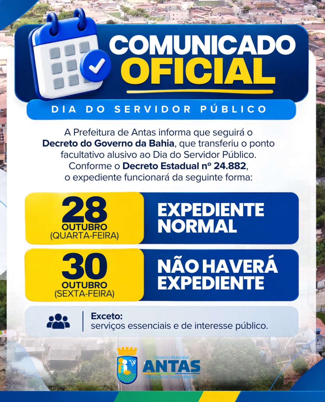 Prefeitura Municipal de Antas transfere ponto facultativo do Dia do Servidor Público para esta sexta-feira (30) Prefeitura Municipal de Antas transfere ponto facultativo do Dia do Servidor Público para esta sexta-feira (30)