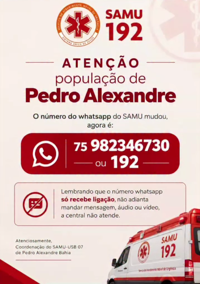 SAMU de Pedro Alexandre tem novo número de WhatsApp para atendimento à população